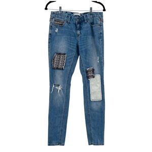 Free People Jeans Patches Distressed Blue Boho Size 27